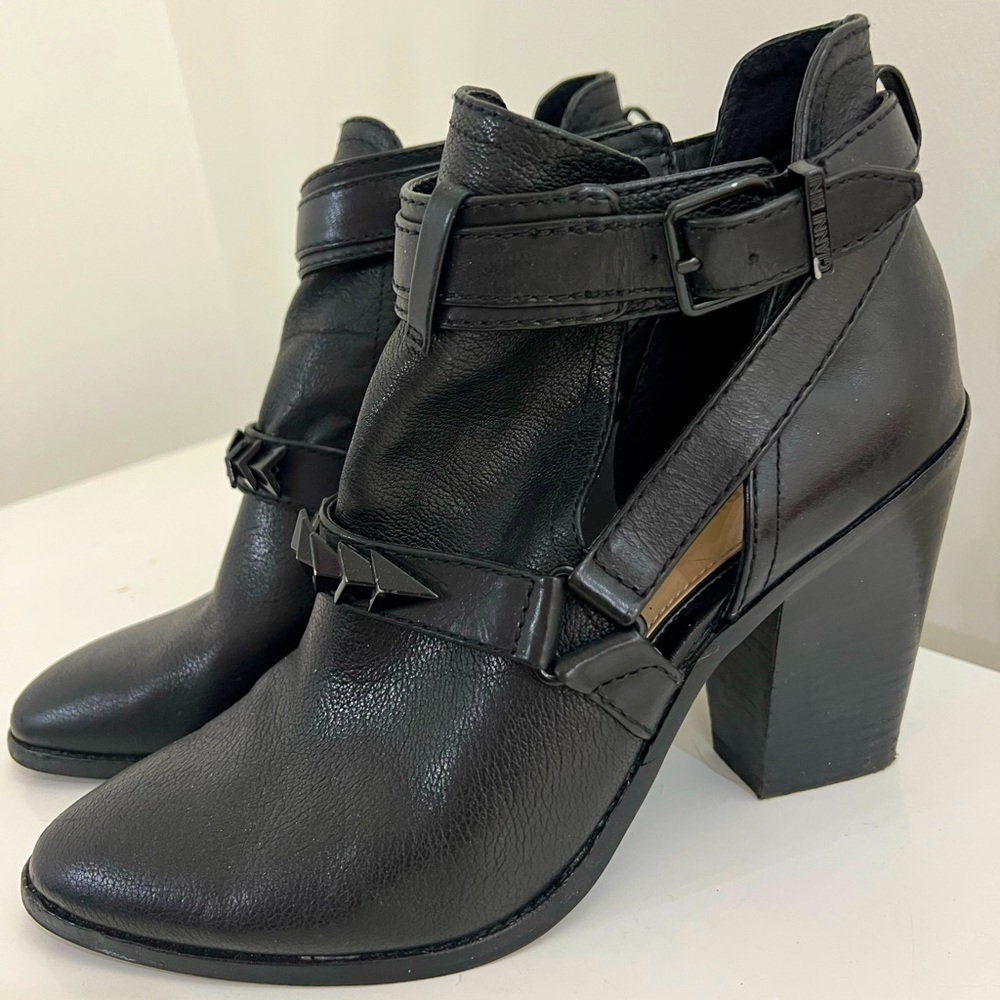 Black Leather booties with stacked heel